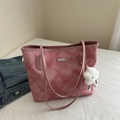 Borsa tote rosa con trama denim a scacchi, targa d'argento e ciondolo a nuvola bianca - Con Ciondolo / Rosa