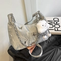 Silver metallic pleated hobo bag with butterfly hardware and white plush cloud charm - Silver