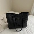 Sac cabas noir rayé avec broderie chien et anses en cuir pour les cours et le bureau - Noir