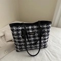 Grand sac cabas en toile avec motif de cœurs noirs et bandoulières en cuir souple - Treillis Blanc