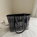 Grand sac cabas chic en tulle à pois noirs sur rayures blanches pour le bureau et les cours - Carreaux Gris