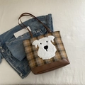 Sac fourre-tout à carreaux avec patch chien mignon et base en cuir marron chic - Chiot Blanc