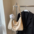 Chic beige tote bag with lace-up bow design and funny plush charm for women - With Pendant / Off White