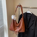 Brown vintage PU leather tote bag with cross-lace design and panda plush pendant - With Pendant / Brown