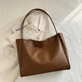 Minimalist large capacity tote bag in dark brown textured leather for daily commute - Brown