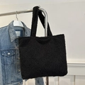 Borsa tote minimalista nera in peluche con texture soffice per l'autunno e l'inverno - Nero