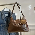 Vintage dark brown large capacity faux leather tote bag with a cute plush bear pendant - With Pendant / Brown