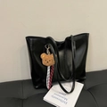 Minimalist black PU leather tote bag with long straps and cute brown plush bear charm - With Pendant / Black