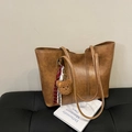 Minimalist vintage brown large tote bag in matte PU leather with plush bear charm - With Pendant / Khaki