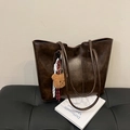 Minimalist large capacity dark brown tote bag with vintage texture and plush bear charm - With Pendant / Brown