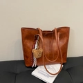 Brown vintage faux leather tote bag with a cute bear charm for daily commuting - With Pendant / Brown
