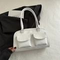 White faux leather shoulder bag with crocodile pattern and double front pockets - White
