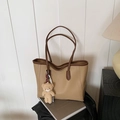 Khaki pebbled PU leather tote bag with dark brown straps and cute teddy bear charm - With Pendant / Khaki