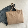 Minimalist light khaki corduroy tote bag with large front pocket and double handles - Khaki