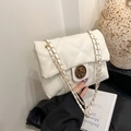 Elegant white quilted crossbody bag with vintage metal buckle and leather chain strap - White