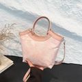 Elegant pink silk embroidery bucket bag with leather handles and crossbody strap - Pink