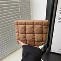 Brown quilted puff fabric clutch bag with minimalist square pattern and zipper - Khaki