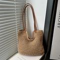 Borsa tote intrecciata beige minimalista con tracolle in pelle marrone e dettagli rivetti - Cachi