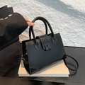 Elegant black tote bag with crocodile texture trim and matching long shoulder strap - Black