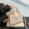 Elegant cream white crocodile-embossed tote bag with adjustable shoulder strap - Khaki
