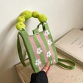 Mini floral knitted crossbody bag with green stripes and soft padded handle for women - Green and Pink Striped Flower Style (Style 7)