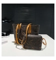 Detail of a two-piece brown leather tote and shoulder bag set with letter patterns - Brown