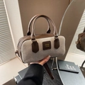 Bolso bowling retro de lona beige y marrón con asas de cuero elegantes - Marrón
