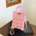Mini sac à téléphone en tricot rose avec motifs cœurs 3D et doubles anses - Rose