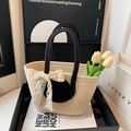 Elegante borsa tote intrecciata beige con manici neri e fiocco di pizzo per l'estate - Con Sciarpa di Seta / Nero