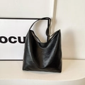 Large black minimalist Hobo bag in glossy textured faux leather for daily commuting - Black