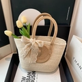 Elegante borsa in corda intrecciata color crema con fiocco in pizzo e tulipani - Con Sciarpa di Seta / Cachi