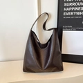 Minimalist large-capacity deep coffee hobo shoulder bag with matte leather finish - Brown