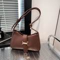 Bolso sobaco retro francés marrón oscuro en cuero liso con hebilla dorada y nudo - Marrón