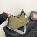 Olive green corduroy shoulder bag with geometric pattern strap and white knot charm accessory - Green (Without Pendant)