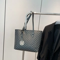 Classic black tote bag with grey M monogram pattern and silver logo pendant - Black