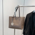 Classic coffee brown tote bag with vintage M print and silver metallic pendant - Brown