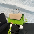 Green leather handbag with woven flap and unique silver metal handle, stylish crossbody bag - Green