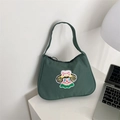 Dark green nylon baguette shoulder bag with cartoon embroidery for casual styling - Cartoon Face (121TY8010)