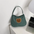 Dark green baguette shoulder bag with brown bear embroidery and zipper closure - Small Bear (121TY8010)