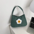 Deep green minimalist nylon baguette bag with a smiling flower patch on a white desk - Flower (121TY8010)