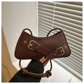 Fashionable dark brown crescent shoulder bag with vintage buckles and buckle strap design - Brown