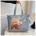 Light blue Japanese ita bag tote with clear PVC display window and ribbon lace-up details - Blue