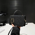 Elegant black glitter flap handbag for women with gold square buckle and chain strap - Black