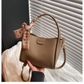 Brown lychee-textured bucket bag with top handle and decorative plaid scarf - With Silk Scarf / Khaki