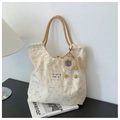 Borsa tote in tela beige a fiori con motivi di animali e manici in corda arancione - Orso Fiocco Beige (Con Ciondolo)