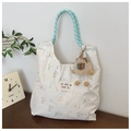 Borsa tote in tela floreale con motivi a coniglio, manici verde menta e ciondolo peluche - Coniglio Verde (Con Ciondolo)