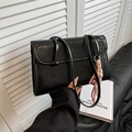 Minimalist black shiny PU leather shoulder bag with sleek rectangular flap and thin straps - With Pendant / Black