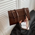 Dark brown retro rectangle shoulder bag with flap closure and cute cartoon charm - With Pendant / Brown