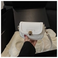 White mini saddle bag with pebbled leather texture and gold metal buckle detail - White
