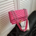 Hot pink V-quilted faux leather crossbody bag with silver chain and wide PU strap - Pink